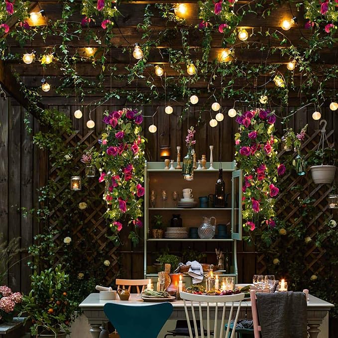 RECUTMS Artificial Hanging Rose Flower Plants Outdoor with 30 LED Fairy String Lights Fake Flowers for House Garden Patio Front Porch Indoor Decor (Purple)