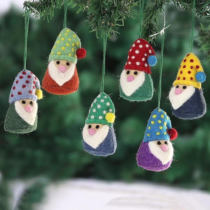 NOVICA Artisan Handmade Felted Wool Ornaments Holiday Assorted India Decor Christmas [3.9in H x 2.1in W x 2.1in D] 'Nordic Gnomes' (Set of 6)
