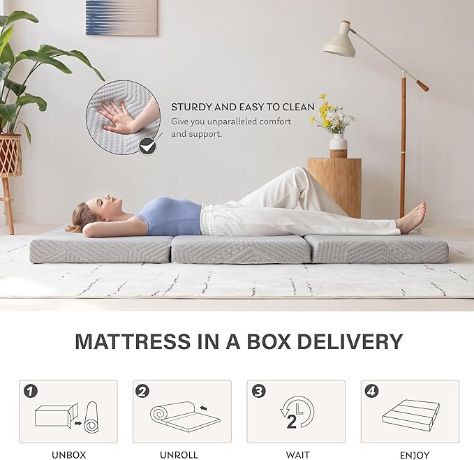 MLILY Tri-Fold Memory Foam Mattress, 4 inch Twin XL Folding Mattress with Collapsible and Washable Cover, Travel and Guest Mat, 80"×38"×4", Grey