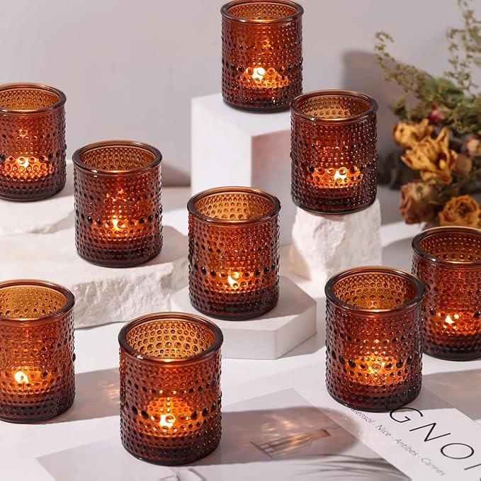 40Pcs Glass Votive Candle Holders, Amber Tea Light Candle Holders Vintage Fall Tealight Candle Holder Bulk for Autumn, Thanksgiving Table Centerpieces, Christmas Decor (Amber)