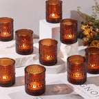 40Pcs Glass Votive Candle Holders, Amber Tea Light Candle Holders Vintage Fall Tealight Candle Holder Bulk for Autumn, Thanksgiving Table Centerpieces, Christmas Decor (Amber)