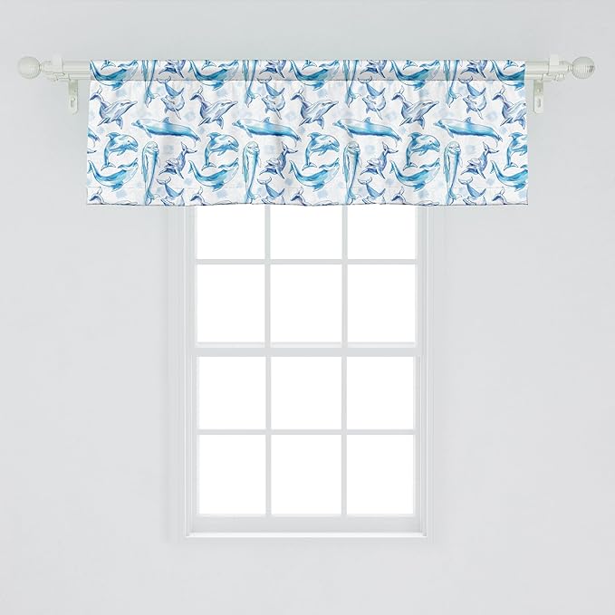 Ambesonne Sea Animals Window Valance Pack of 2, Sketch of Bottlenose Dolphins Playing Laughing in The Ocean Sea Life Print, Rod Pocket Curtain Valances for Kitchen Bedroom, 42" X 18", Turquoise White