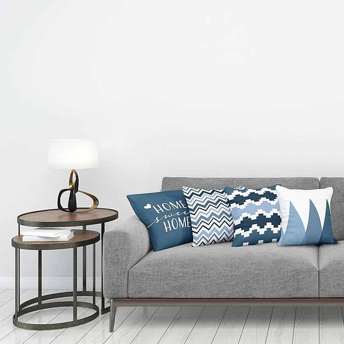 Ambesonne Modern Throw Pillow Cushion Case Pack of 4, Geometric Style Pattern of Triangles Zigzags Love Home Phrase Design, Modern Accent Double-Sided Digital Printing, 18", Petrol Blue and White