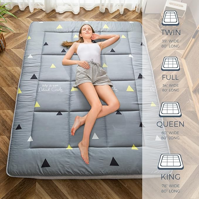MAXYOYO Grey Triangle Futon Mattress, Japanese Floor Mattress Quilted Bed Mattress Topper, Extra Thick Folding Sleeping Pad Breathable Floor Lounger Guest Bed for Camping, King