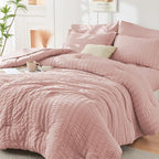 HYMOKEGE Rose Gold California King Comforter Set Seersucker 7 Pieces, All Season Luxury Bed in a Bag Queen for Bedroom, Bedding Set with Comforter, Sheets, Pillowcases & Shams