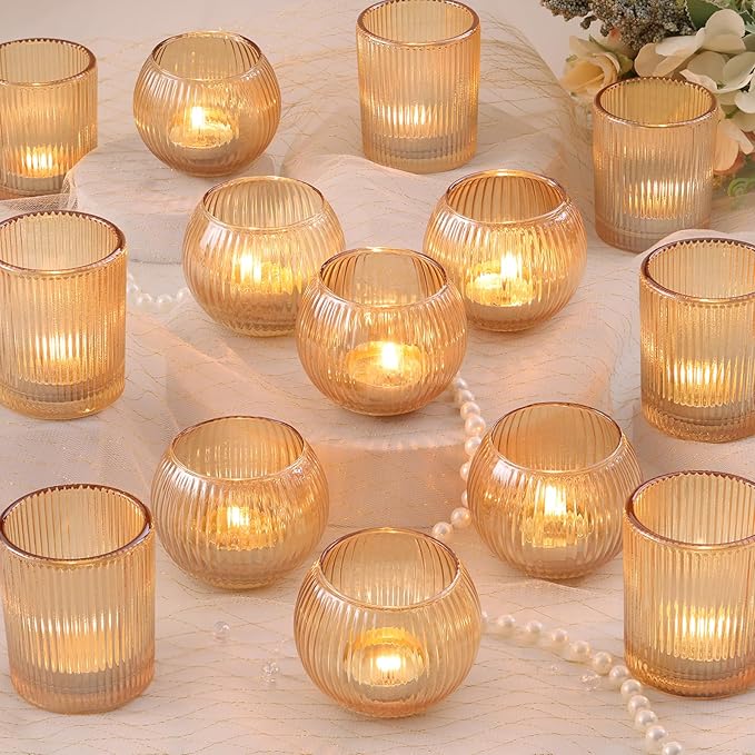 30pcs Assorted Ribbed Gold Votive Candle Holders, Gold Candle Holders for Wedding Table Centerpiece, Tea Light Candle Holder for Bridal Shower, Halloween, Christmas, Brithday and Holiday Decorations
