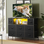 WLIVE Black TV Stand for 45, 50, 55 inch TV, Entertainment Center with LED Lights & Charging Station, TV Media Console Table with 8 Fabric Drawers and Open Shelves for Living Room, Hallway, Wood Top