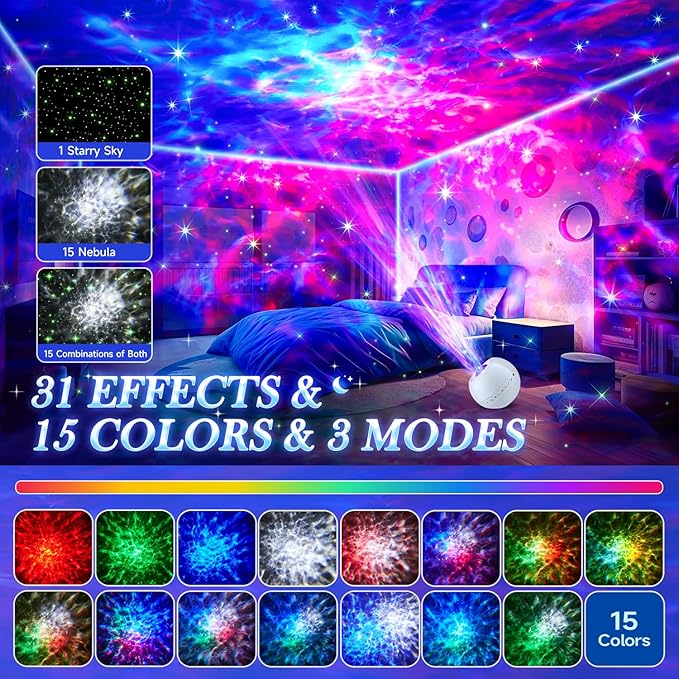 Star Projector, 15 Sounds & 15 Colors & Bluetooth Speaker, Galaxy Light Projector for Bedroom, Star Lights for Ceiling Projector, Kids Night Light