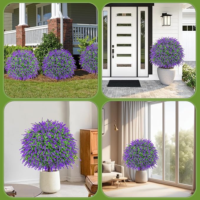 27.5" Artificial Boxwood Lavender Topiary Ball Trees, Set of 2 Fake Shrubs Bushes with Ground Spike, UV Resistant Faux Evergreen Plants for Outdoor Indoor Planters Front Porch Garden Decor