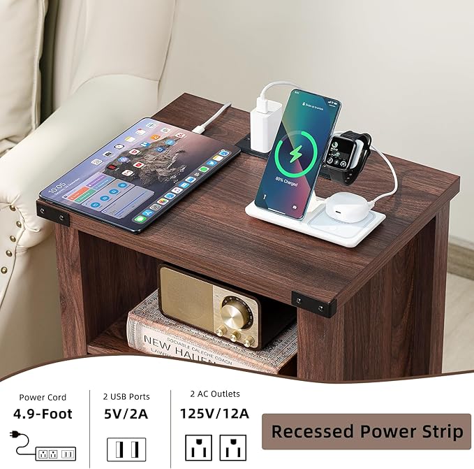 Night Stand Set of 2, 18 Inch Farmhouse Nightstand with with Charging Station and USB Port, Rustic Wood Bedside Table with Magnetic Door, Bed Side Tables for Bedroom, Brown Walnut