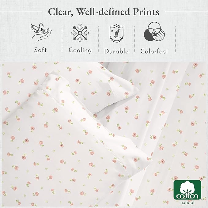 California Design Den Queen Sheet Set - 400 Thread Count Sateen, Natural 100% Cotton Sheets, Deep Pocket Cooling and Durable Bedding - Soft Floral