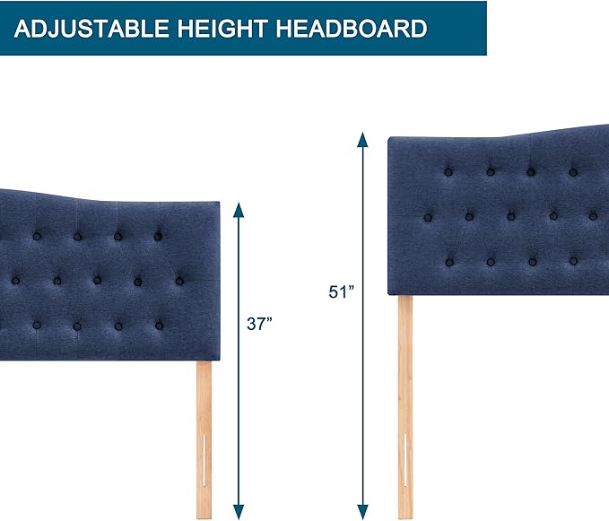 Tufted Upholstered Headboard Queen Size, Sturdy & Durable Solid Wood Bed headboard, Fabric Headboard Adjustable Height from 37” to 51”, Modern Button Diamond Design Head Board, Blue