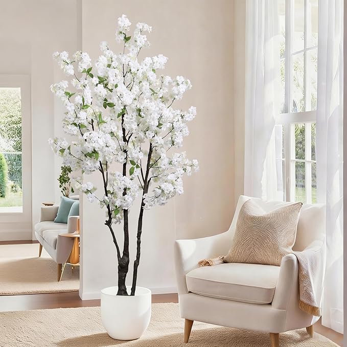 Artificial White Cherry Blossom Tree 6ft(72in) Faux Floor Green Plant for Indoor Decor Natural Potted Tree Realistic Cherry Flowers Wood Trunk for Home Living Room,Office Perfect Housewarming Gift