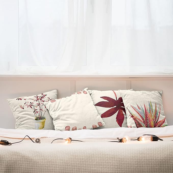 Ambesonne Botanical Throw Pillow Cushion Case Pack of 4, Minimalist Watercolor Painting Leaves Agave Branches Plant in a Pot, Modern Accent Double-Sided Digital Printing, 24", Raspberry Dark Salmon