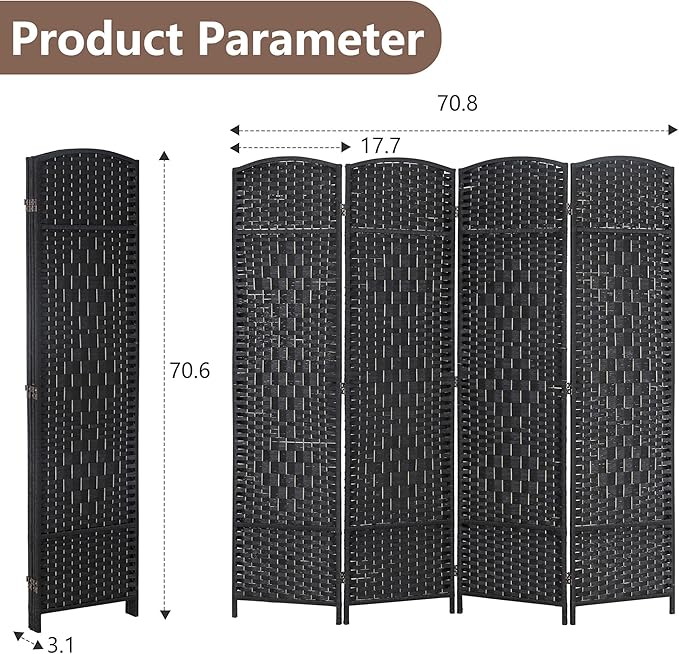 4 Panel Room Divider Folding Privacy Divider 6 Ft Indoor Wall Divider Portable Partition Wood Screen, Black