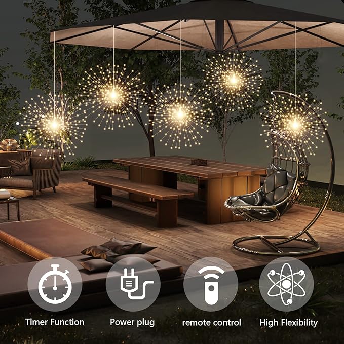 5 Pcs 1000LED Plug in Starburst Sphere Lights,Firework Light 8 Modes Dimmable Remote Control Waterproof Hanging Copper Wire Fairy Light for Patio Party Tent Christmas (Warm White)