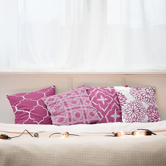 Ambesonne Vintage Throw Pillow Cushion Case Pack of 4, Monochrome Design Grid Trellis Quatrefoil Mesh and Dahlia Flowers Modern Print, Modern Accent Double-Sided Digital Printing, 18", Pink and White
