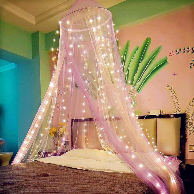 Eimilaly Two-Tone Bed Canopy Mosquito Net Pink Purple with 250pcs Warm White Lights, Bed Canopy for Girls Room Decor, Single Door