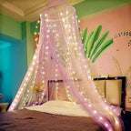 Eimilaly Two-Tone Bed Canopy Mosquito Net Pink Purple with 250pcs Warm White Lights, Bed Canopy for Girls Room Decor, Single Door