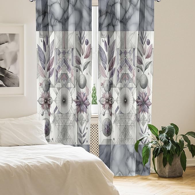 Ambesonne Geometric Floral Window Curtains Pack of 2, Classic Marble Print Ornate Leafy Flowers and Futurist Stripes, Lightweight Set with Rod Pocket, 4 Panels of - 28" x 84", Ceil Blue Laurel Green