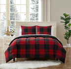 7 Piece Comforter Set Bag Solid Color All Season Soft Down Alternative Blanket & Luxurious Microfiber Bed Sheets, Queen, Buffalo Plaid Burgundy/Black