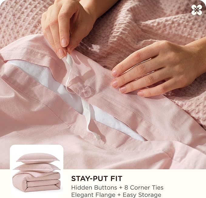 Bedsure Cotton Duvet Cover King - 100% Cotton Waffle Weave Pink Duvet Cover King Size, GentleSoft™ and Breathable Bedding Set for All Season, 3 Pieces, 104"x90"