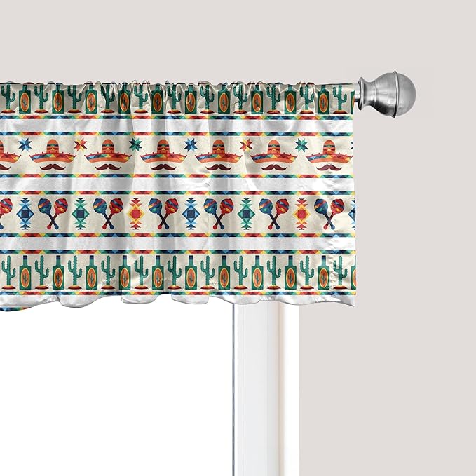 Ambesonne Mexican Window Valance, Latin American Cultural Native Borders Indigenous Saguaro Sombrero Tequila Bottle, Curtain Valance for Kitchen Bedroom Decor with Rod Pocket, 54" X 18", Jade Green