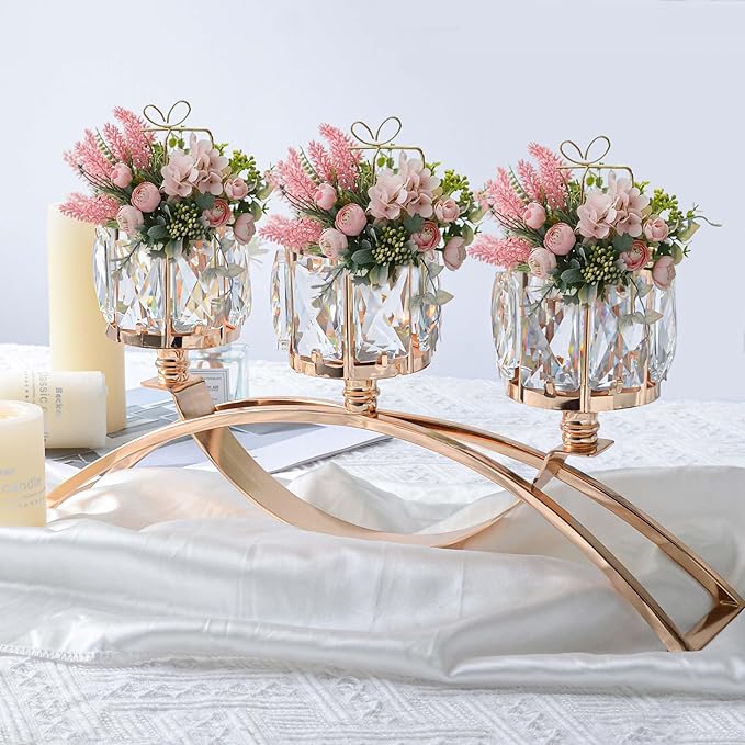 3 Arms Crystal Candle Holders, Arch Candlestick Table Candelabras Centerpieces for Wedding, Dinning Room, Cabinet Ornaments, Home Decoration， Gift (Gold, 2 Pcs-3 Arm Arched)