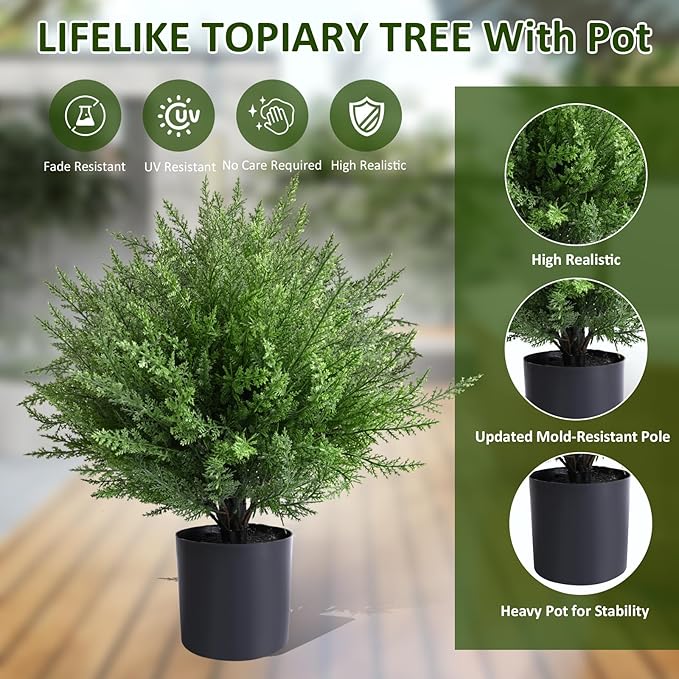 Artificial Topiary Bushes for Outdoors with Spike, Christmas Tree, UV Resistant Faux Plants for Indoor Outdoor Fall Winter Decor (Heart Crpress Topiary with Pot-2 Pack)