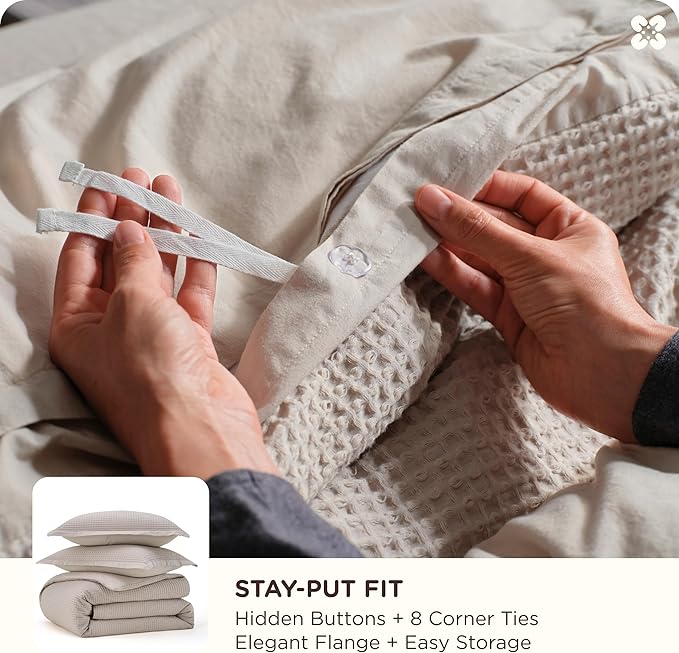 Bedsure Cotton Duvet Cover Set - 100% Cotton Waffle Weave Linen Duvet Cover Oversized Queen Size, GentleSoft™ and Breathable Bedding Set for All Season, 3 Pieces, 98"x98"