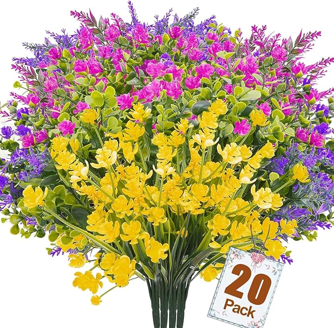 Artificial Plants Outdoor, 20PCS Artificial Flowers, UV Resistant Fake Flowers, Faux Flowers for Outdoor Planters for Front Porch Pot Decor