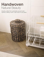 2 Gallons Wicker Waste Basket - Water Hyacinth Bathroom Trash Can - Garbage Can with Lid Boho Style - Wicker Trash Can with Lid for Bedroom, Kitchen - Removable Liner, Handwoven (Black Color)