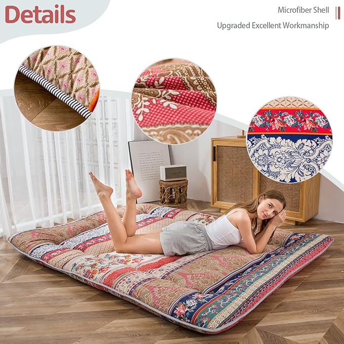 MAXYOYO Bohemian Retro Floor Mattress Vintage Floral Japanese Futon Mattress Roll Up Thicken Sleeping Bed Portable Camping Mattress Floor Lounger Couch Bed Mattress Pad Queen
