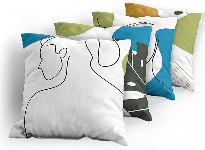 Ambesonne Minimal Throw Pillow Cushion Case Pack of 4, Modern Line Art Woman Portrait with Contemporary Leafy Geometric Details, Modern Accent Double-Sided Digital Printing, 20", Blue Green Marigold