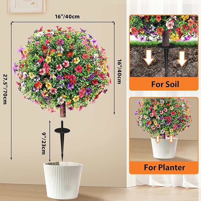 27.5" Artificial Boxwood Topiary Ball Trees with Colorful Flowers, Set of 2 Fake Shrubs Bushes with Ground Spike, UV Resistant Faux Evergreen Plants for Outdoor Planters Front Porch Garden Decor