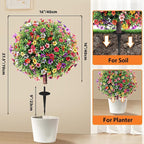 27.5" Artificial Boxwood Topiary Ball Trees with Colorful Flowers, Set of 2 Fake Shrubs Bushes with Ground Spike, UV Resistant Faux Evergreen Plants for Outdoor Planters Front Porch Garden Decor