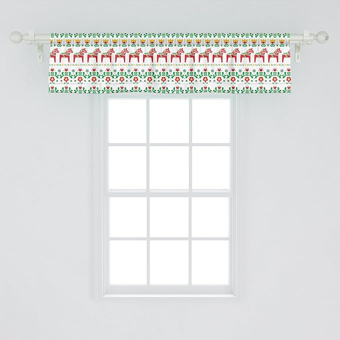 Ambesonne Folk Art Window Valance, Scandinavian Themed Pattern of Swedish Dala Horse and Flowers, Curtain Valance for Kitchen Bedroom Decor with Rod Pocket, 54" X 12", Green Vermilion