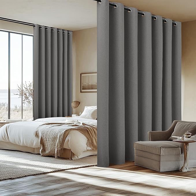 NICETOWN Grey Extra Wide 100% Blackout Linen Room Divider Curtain Screen Partitions, 100 inch per Panel, Energy Smart Thermal Insulated Drape for Closet