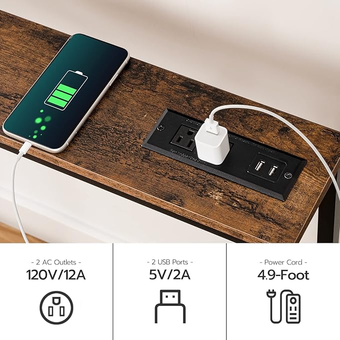 HOOBRO 70.9" Narrow Console Table with Charging Station, 5.9" Sofa Table with 2 Power Outlets and USB Ports, Long Entryway Tables Behind Couch Table, for Hallway, Living Room, Rustic Brown BF185UXG01
