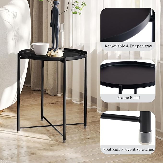 HollyHOME Round Metal Side Table, Outdoor Small Folding Accent Stand with Removable Tray, 17.72'' Portable End Table for Balconies, Gardens, Living Rooms and Bedrooms, Black