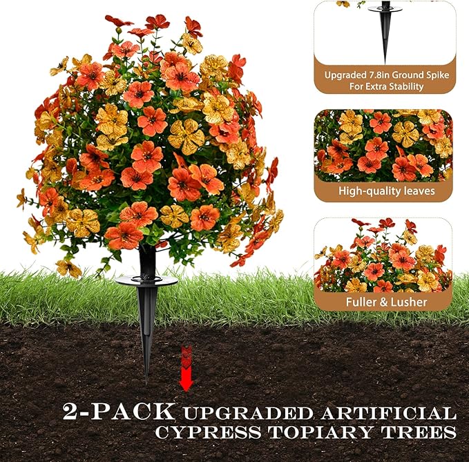 Artificial Topiary Bushes for Outdoors with Spike, Boxwood Ball Fake Shrubs UV Resistant Faux Plants for Indoor Outdoor Fall Thanksgiving Halloween Decor (Orange Green)