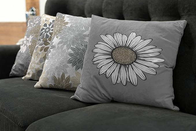 Ambesonne Floral Throw Pillow Cushion Case Pack of 4, Flower Petals Modern Color Palette Chamomile Peony Dahlia and Sunflower Print, Modern Accent Double-Sided Digital Printing, 16", Slate Brown Grey