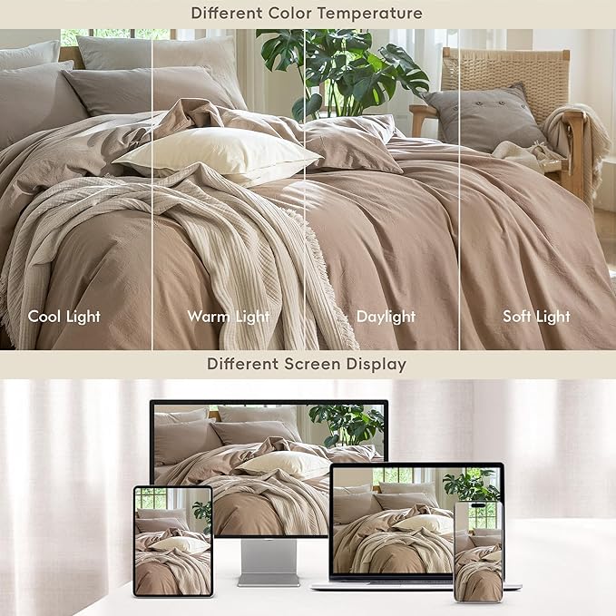 MooMee Bedding Duvet Cover Set 100% Washed Cotton Linen Like Textured Breathable Durable Soft Comfy (Solid Brown, Alaska King 132"x120")