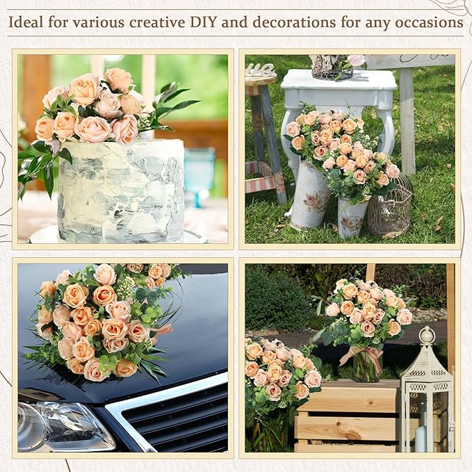 Zeyune 8 Pack 12 Inch Valentines Artificial Rose Bouquet Silk Roses Flowers Bunches Bulk Fake Roses for Wedding Bridal Home Office Garden Parties Decoration(Champagne)