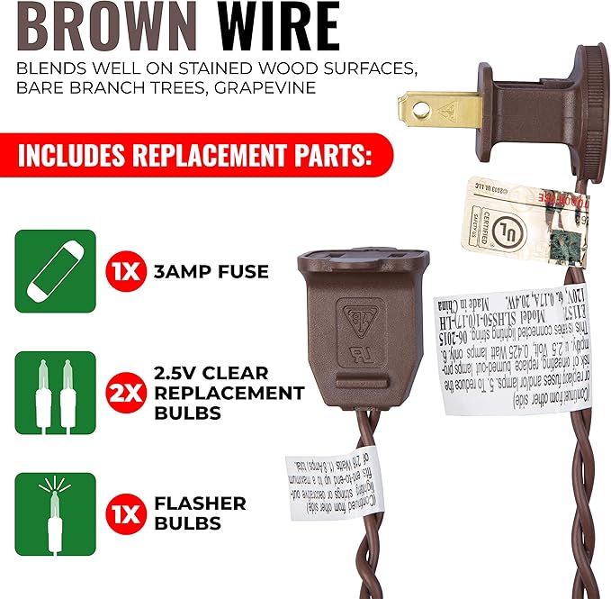 612 Vermont 50 Clear Mini Christmas String Lights on Brown Wire Cord, UL Approved for Indoor/Outdoor Use, 9 Foot of Lighted Length, 11 Foot of Total Length