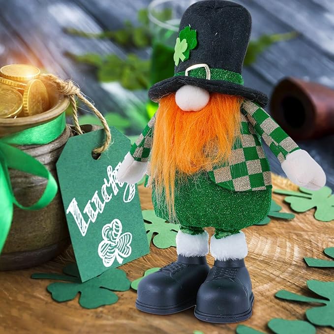 Standing St.Patrick's Day Gnome Plush Doll with Retractable Legs Nordic Scandinavian Swedish Dwarf Gnome Figurines Wearing Glitter Clothes & Black Boots Lucky Green Shamrock Irish Table Decor (B)