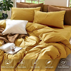 MooMee Bedding Duvet Cover Set 100% Washed Cotton Linen Like Textured Breathable Durable Soft Comfy (Solid Yellow, Twin 68"x90")