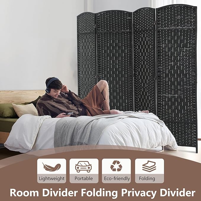 4 Panel Room Divider Folding Privacy Divider 6 Ft Indoor Wall Divider Portable Partition Wood Screen, Black