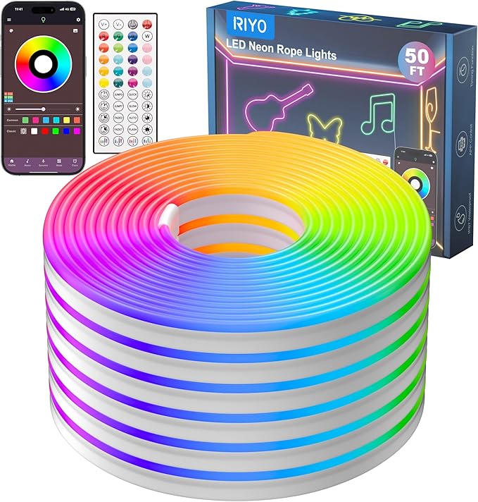 Neon Rope Lights, 50Ft RGB LED Strip Lights - App & Remote Control, Music Sync, IP67 Waterproof, Flexible Cuttable Neon Lights for Bedroom, Gaming, Party, Outdoor Decor, Multiple Modes