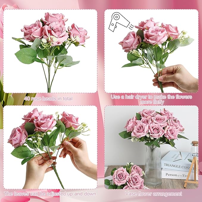 Artificial Roses Flower Dusty Rose Flowers - 8 Bundles Rose Bouquet Fake Silk Flowers Realistic Faux Florals Bulk for Wedding Bridal Party Baby Shower Arrangements Centerpieces Home Decorations